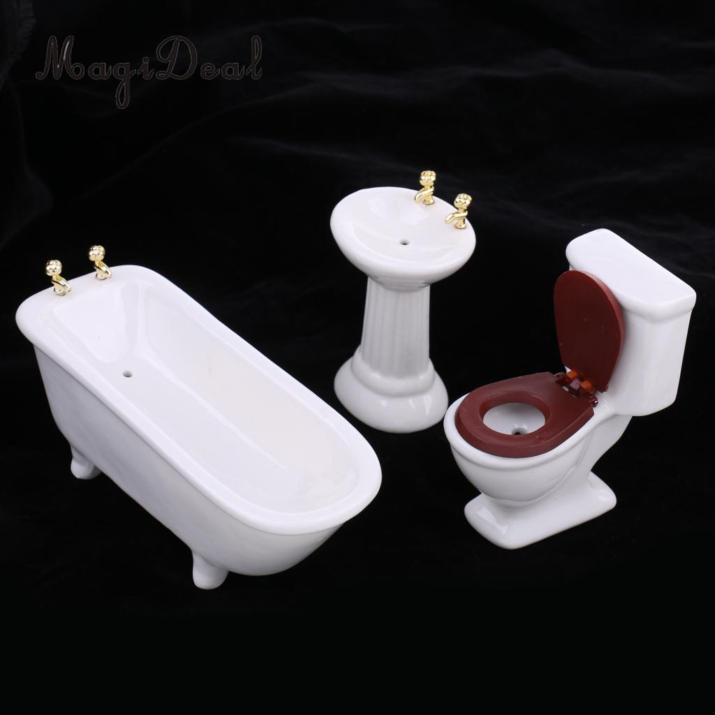 3Pcs/Set 1/12 Scale Modern White Ceramic Bathroom Bathtub Toilet Set for Dollhouse Miniature Furniture Acc Decoration