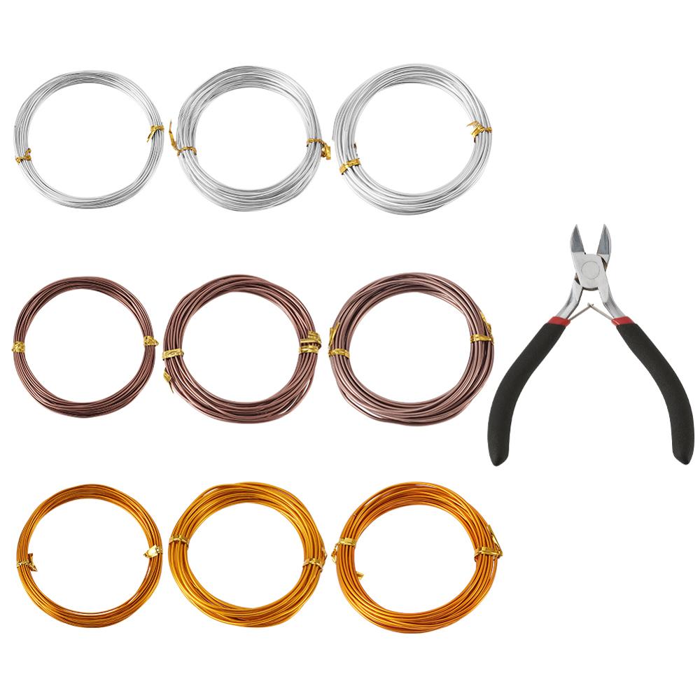 9 rolls Aluminum Wire with 1pc Carbon Steel Jewelry Pliers Mixed Golden Silver Color Wire Size 1mm 1.5mm 2mm