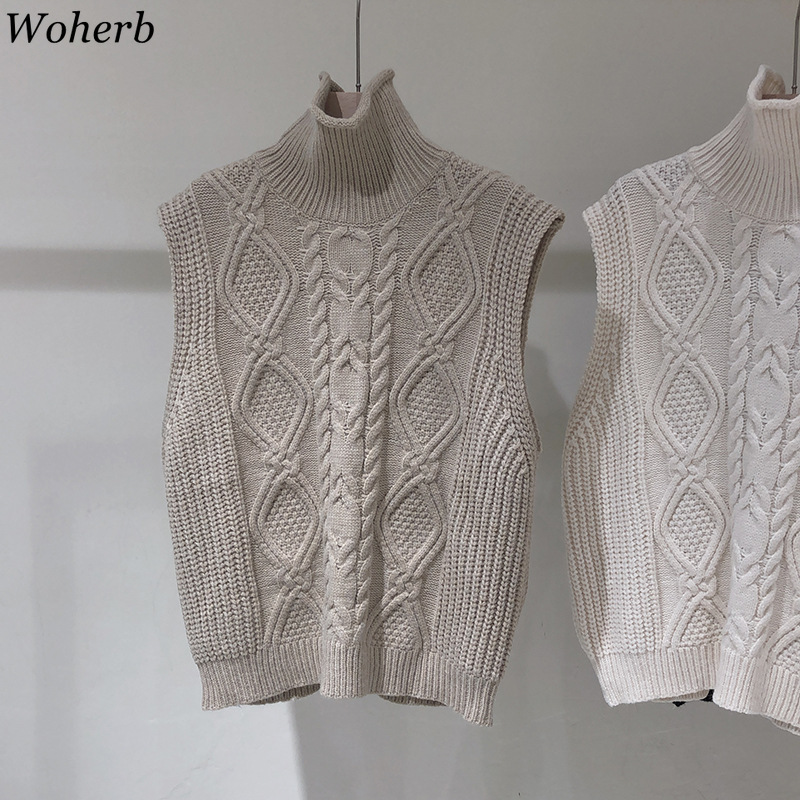 Woherb Sleeveless Tuitleneck Sweater Vest Women Knit Ribbed Short Pullover Tops Autumn Winter Clothes Loose Knitwear Tank 4G443