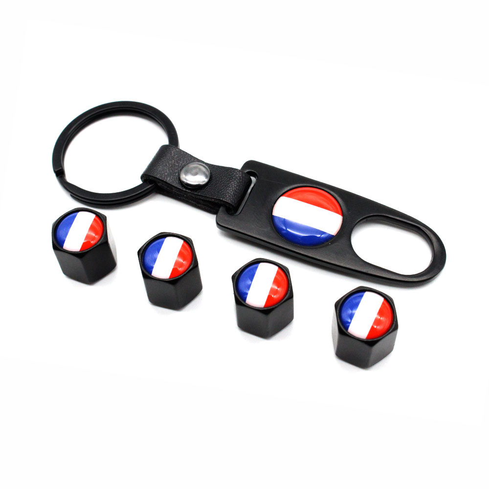 5Pcs/Set France Flag Style Anti-theft Car Wheel Air Tire Valves Tire Leather buckle Valve Caps Stem with Wrench Ring Spanner New