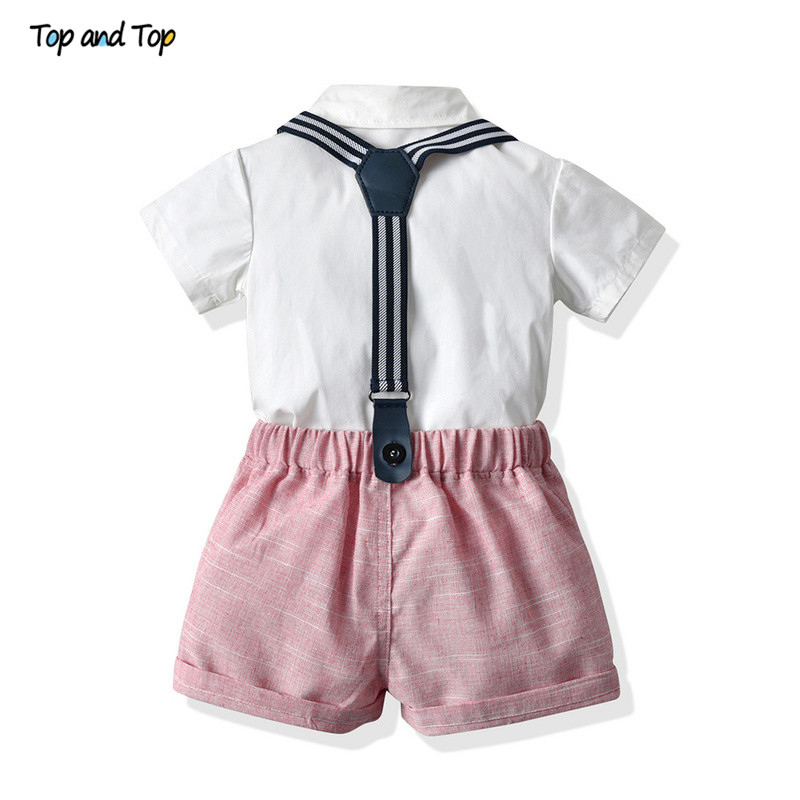 Top and Top Toddler Boys Clothing Set Newborn Gentleman Suit Short Sleeve Bowtie Shirt+Suspender Shorts Casual Baby Boy Clothes