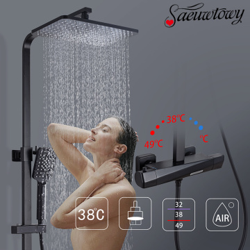 Matte Black Thermostatic Shower Faucet Bathroom Bathtub Thermostatic Shower Dual Handles Hot Cold Water Tap Tub Spout Shower