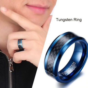 Trendy 8mm Blue Tungsten Carbide Ring For Men Jewelry Black Carbon Fiber Wedding Bands USA Size