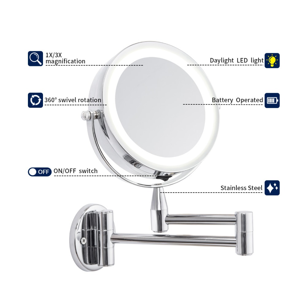 Bath Mirror Led Cosmetic Mirror 1X/3X Magnification Wall Mounted Adjustable Makeup Mirror Dual Arm Extend 2-Face Bathroom Mirror