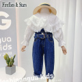 Spring Autumn girls jeans baby denim pants kids trousers children bottoms fashion bud waist medal buckle sashes 4 to 14 yrs