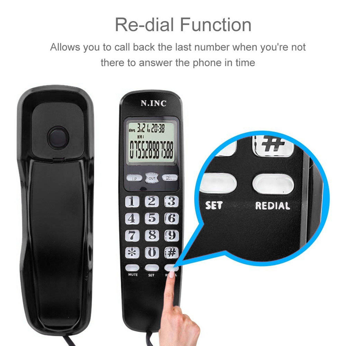 Home Office Corded Telephone Caller ID Boxes 38 Sets Numbers LCD Display Wall Desktop Landline Handset Phone Call Back Function