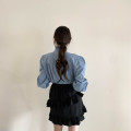 Women Blouses Pleated Lace Up Stand Collar Solid Color Double Pockets Petal Sleeve Femme Blusas Autumn New Women Shirts PL402