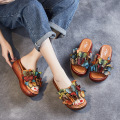 Johnature Summer Women Slippers 2020 New Genuine Leather Women Shoes Slides Floral Wedges Outside Wear Platform Ladies Slippers