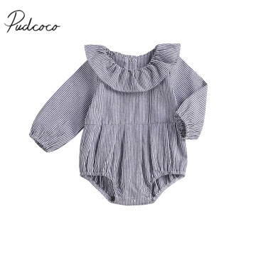 2018 Brand New Infant Newborn 0-24M Baby Girls Bodysuits Ruffles Peter Pan Collar Long Sleeve Striped Jumpsuits Autumn Playsuit