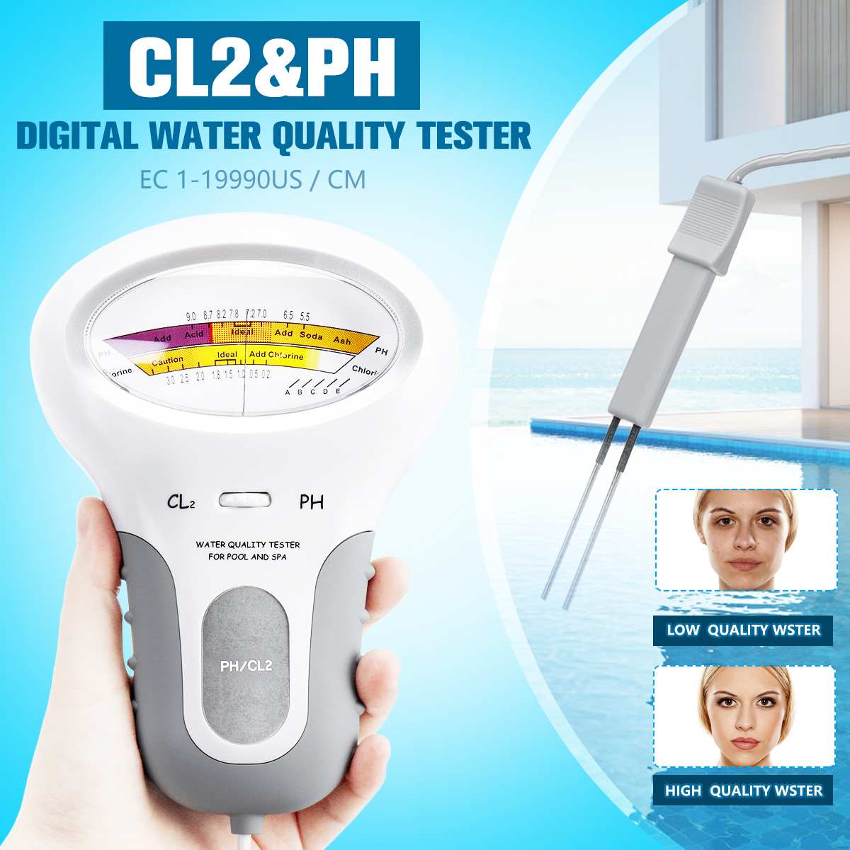 1Pcs PC-101 PH Meter CL2 Chlorine Water Quality Tester Portable Home Swimming Pool Spa Aquarium PH Test Monitor White 2 Styles