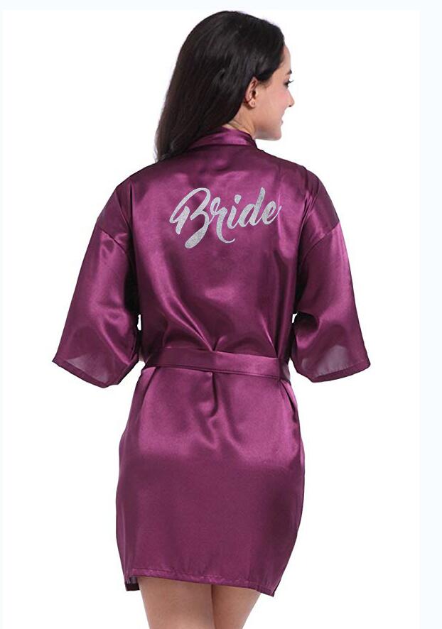 new purple robe silver writing mother of the groom robes wedding Short Bride kimono bridesmaid satin robe drop shipping