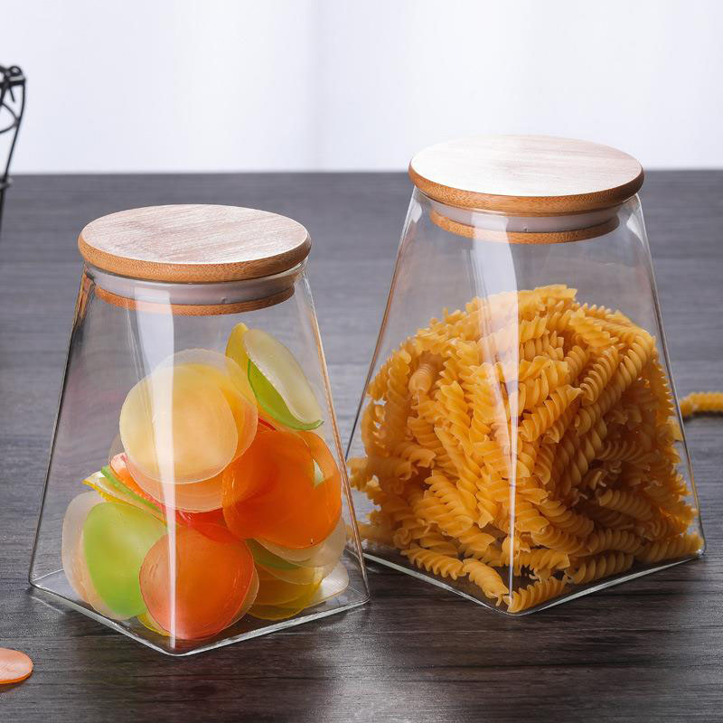 Kitchen Storage Glass Jars Coffee Jar Tea Sugar Bottle Cereals Sealed Tank Household Square With Wooden Lid Containers For Food