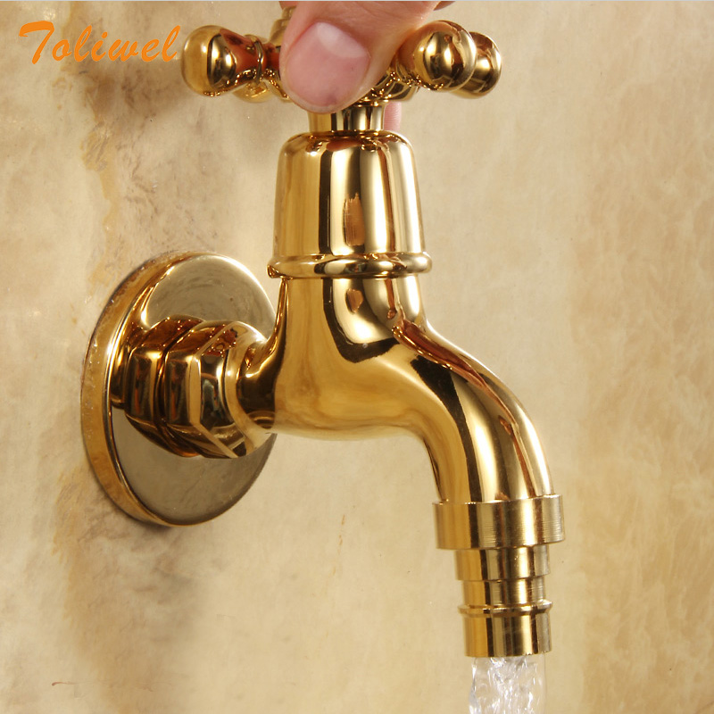 Gold Brass Bathroom Faucet Kitchen Wall Mount Sink Basin Faucets Cold Water Tap Spigot Bibcock Outdoor Garden Hose Faucet