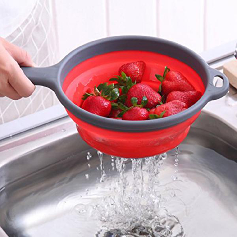 New Collapsible Silicone Plastic Drainage Basket Fruit and Vegetable Washing Filter Colander Handle Drain with Kitchen Tools