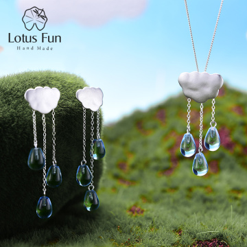 Lotus Fun Real 925 Sterling Silver Handmade Fine Jewelry Ethnic Cloud Long Tassel Jewelry Set with Drop Earring Pendant Necklace