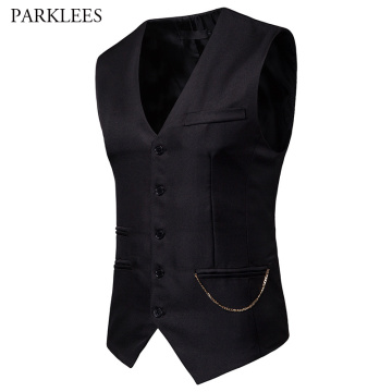 Mens Gentleman Formal Slim Fit Single Breasted Black Dress Suit Vests 2019 Fashion Chain Decoration Men Vest Waistcoat Gilet 2XL