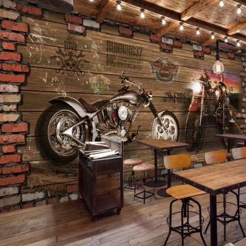 Custom 3d mural Internet cafes 3D Vintage Motorcycle car wood brick wall European retro Cafe bedroom living room mural wallpaper