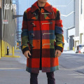 Men's Winter Windbreaker Keep Warm Europe and America Loose Casual Lapel Rainbow Printing Fashion Button Long-Sleeved Plaid Coat