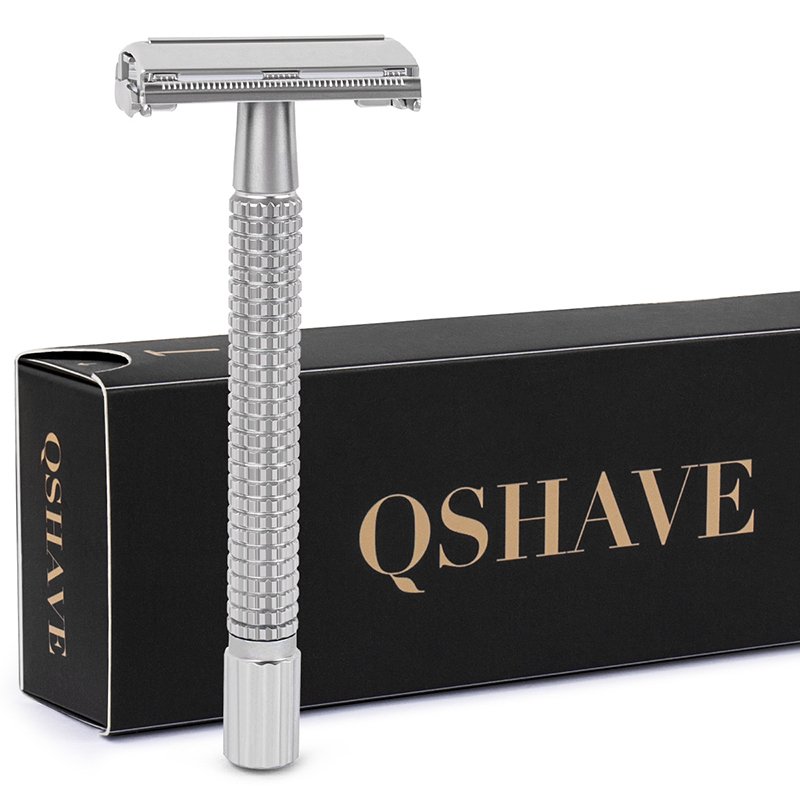 Qshave Double Edge Safety Razor Classic Safety Razor silver color Long Handle Butterfly Open, 1 Handle & 5 blades