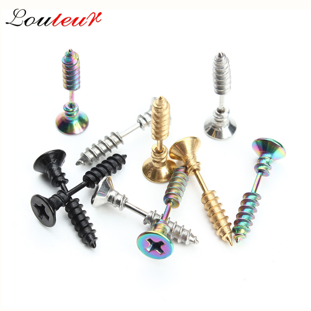 LOULEUR 1Pair Punk Fashion Gold Color Stainless Steel Nail Screw Stud Earring for Women Men Helix Ear Body Piercing Jewelry