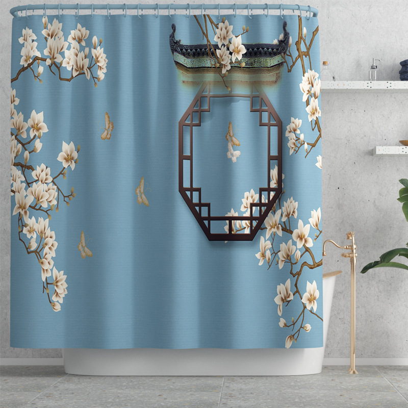 Traditional Style Home Decoration Bath Mat and Shower Curtain Set Flower-Bird Printed Bathroom Carpet Set Toilet Foot Mat