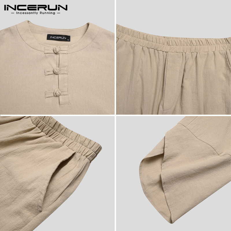 INCERUN Vintage Men Sets Cotton 2020 Streetwear 3/4 Sleeve Casual Shirt Calf Length Pants 2 Pieces Solid High Quality Men Suits