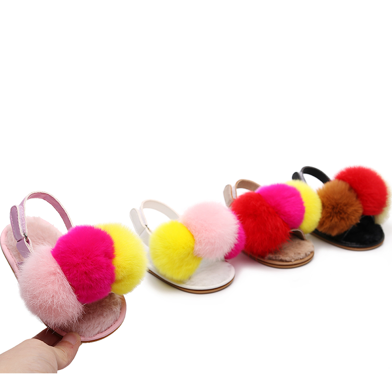 2020 New Baby Sandals Rabbit Fur Ball Slippers PU Lether Baby Girls Shoes Infant Toddler First Walking Moccasins Baby Shoes