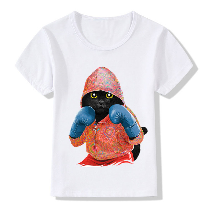 Children Summer Super Cool Boxing Cat Attack Design Funny T-Shirt Kids Baby Cartoon Clothes Boys Girls Casual Tops Tees,ooo5043