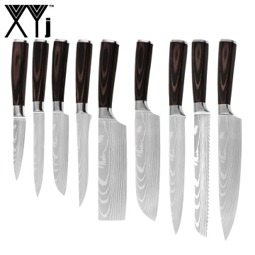 XYj 9pcs Stainless Steel Knives Set Damascus Veins Pattern Blade Wood Handle Knife Meat Fish Vegetable Cooking Accessory Tools