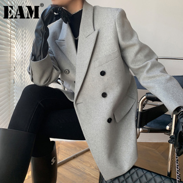 [EAM] Women Woolen Double Breasted Blazer New Notched Long Sleeve Loose Fit Jacket Fashion Tide Autumn Winter 2021 1DD2438