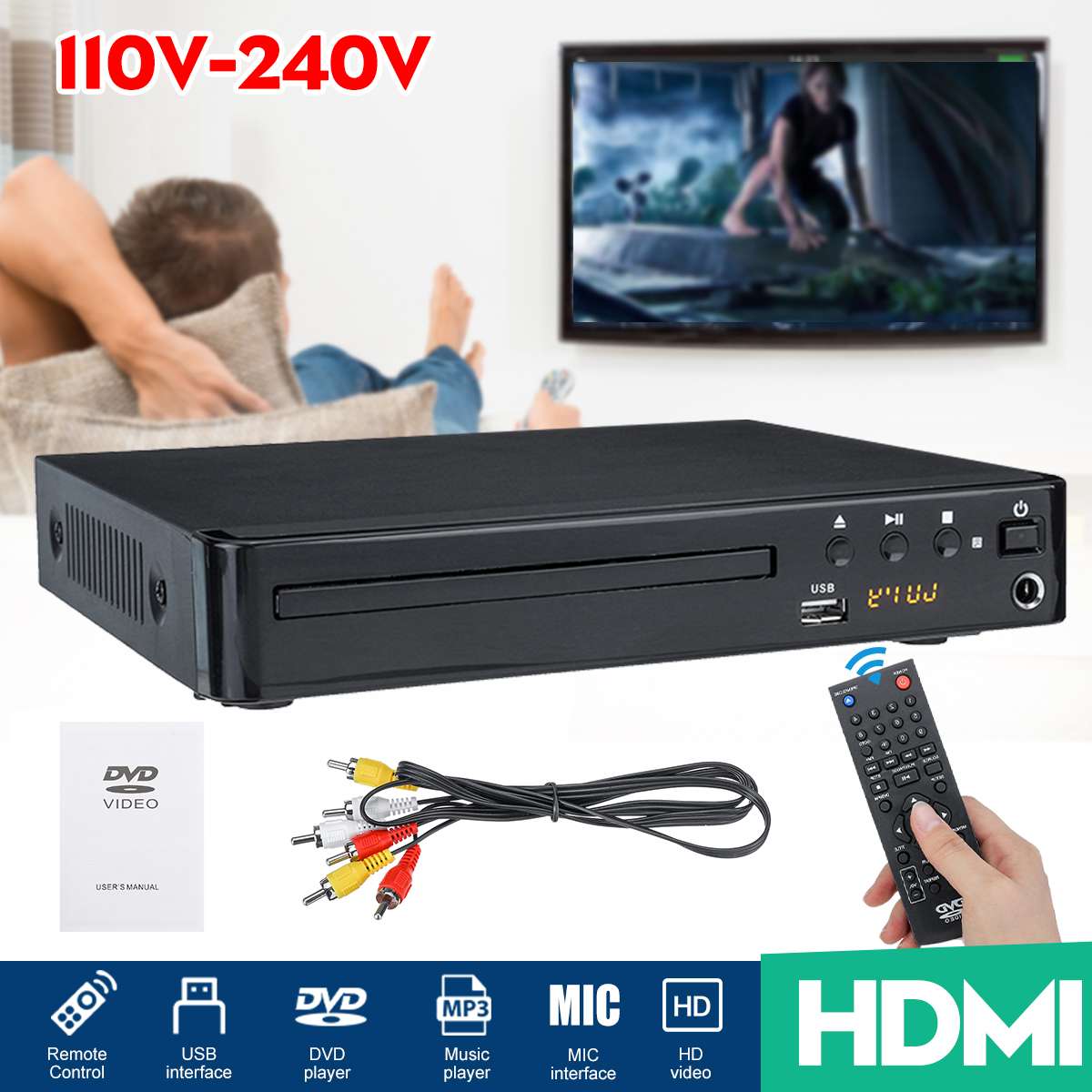 1080P Full HD Multi Region HDMI DVD Player Home Theater System Stereo Video VCD Disc CD Player Music Player With Remote Control