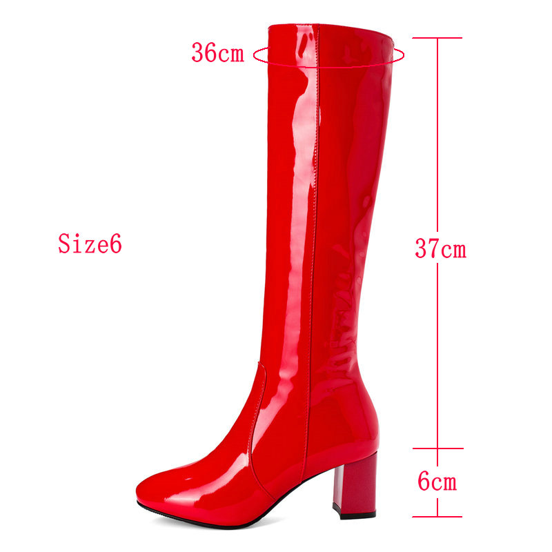 Autumn Women Boots Fashion Patent Leather Knee High Boots Cozy Square High Heel Long Boots Zipper Winter Plus Female Boots Shoes