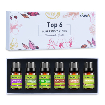 KIUNO 6pcs Gift Box Aroma Oil 10ML Essential Oils Kits Lavender Peppermint Lemon Tea Tree Eucalyptus Frankincense Oil Essential