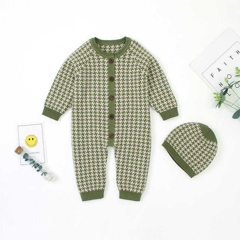 2pcs Knitted Newborn Baby Clothes Cotton Spring Autumn Baby Romper With Plaid Hat Infant Toddler Jumpsuit Girls Boys Set