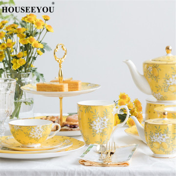 HOUSEEYOU British Afternoon Black Tea Cup Saucer Set High Grade Bone China Lemon Color Floral Pattern Classic English Coffee Set