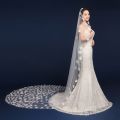 One-Layer Women Tulle Ultra-Long Trailing Wedding Veil Romantic Irregular Five Petals Flowers Appliques Cathedral Bridal Veil