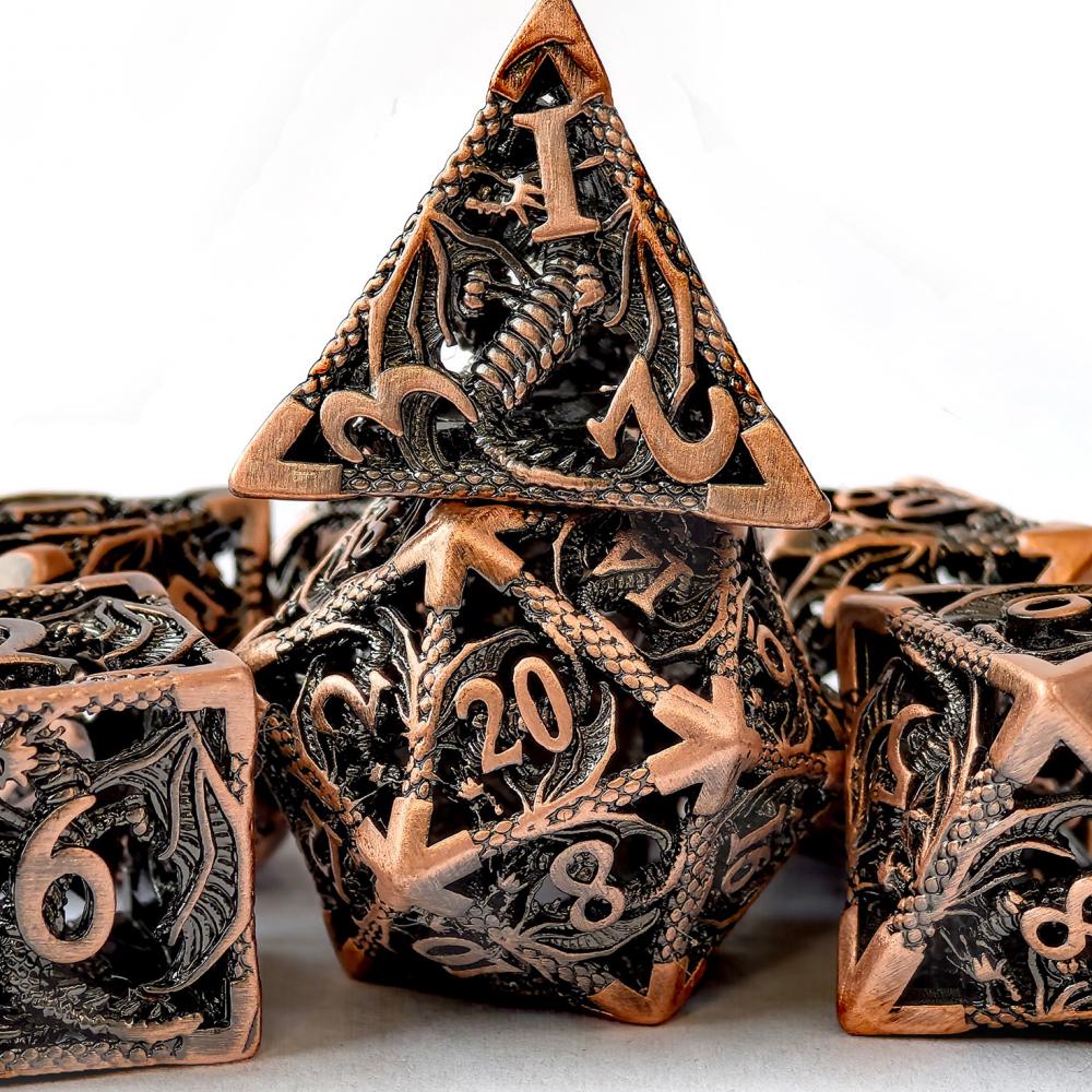 Hollowed DND Metal Dice Featured with 3D Dragon, Hollow Metal Dice