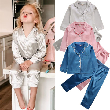 Autumn 2Pcs Kid Baby Silk Satin Pajamas Sleepwear Boy Girl Long Sleeve Top Pants 1-7 Year 3 Color