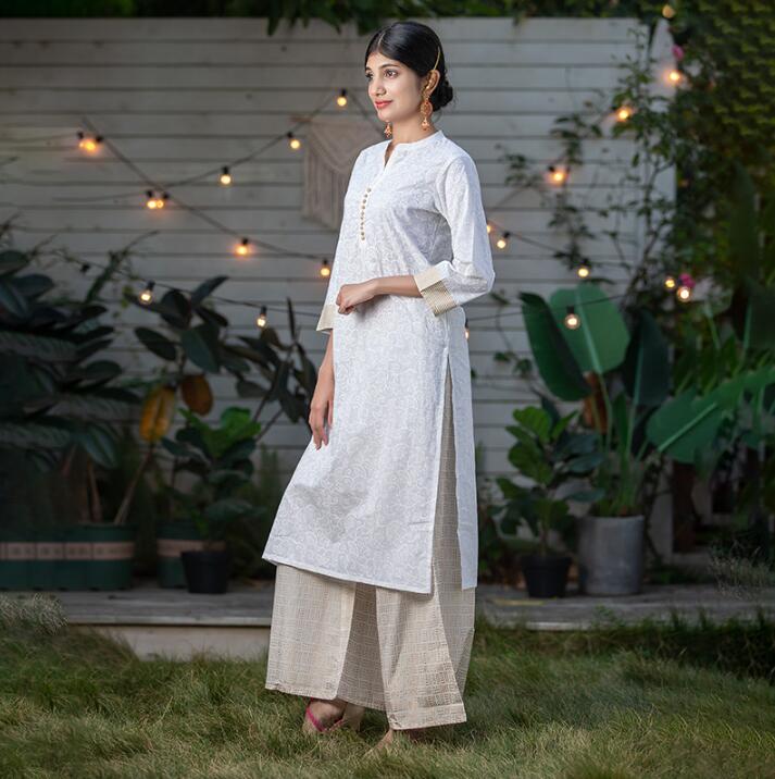 2020 New Style Printing Dress India Fashion Woman Ethnic Styles Suits Cotton Kurtas White Lady Top+Pants