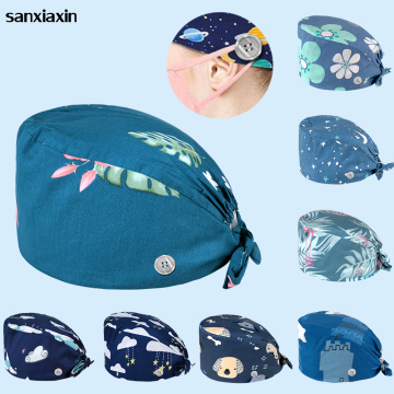sanxiaxin Multi color Floral cartoon printing adjustable new women Scrubs hats pet shop Sweat towel work hat salon Scrub Caps