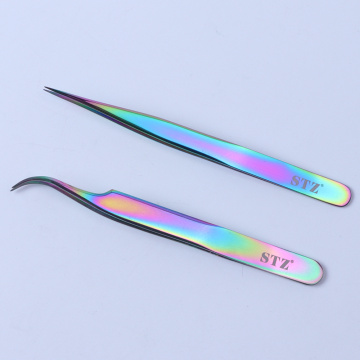 Stainless Steel Tweezer Rainbow Straight Curved Picker For Rhinestones Sticker False Eyelashes Manicure Makeup Nail Art Tool SAT