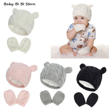 1 Set Baby Hat and Mittens Set Kids Knitted Cotton Beanie Cap Winter Warm Boys Girls Double Pompom Hats Gloves