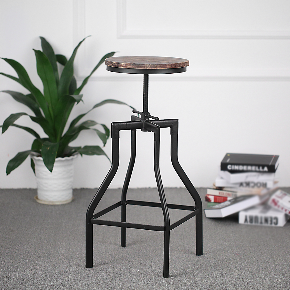 iKayaa Height Adjustable Swivel Bar Stool Industrial Style Natural Pinewood Top + Metal Kitchen Dining Chair