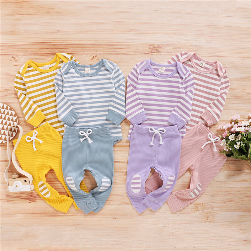 Autumn Toddler Kids Baby Boys Girls Clothes Sets Newborn Infant Striped Long Sleeve Romper Tops+Pants Trousers Outfit Clothes