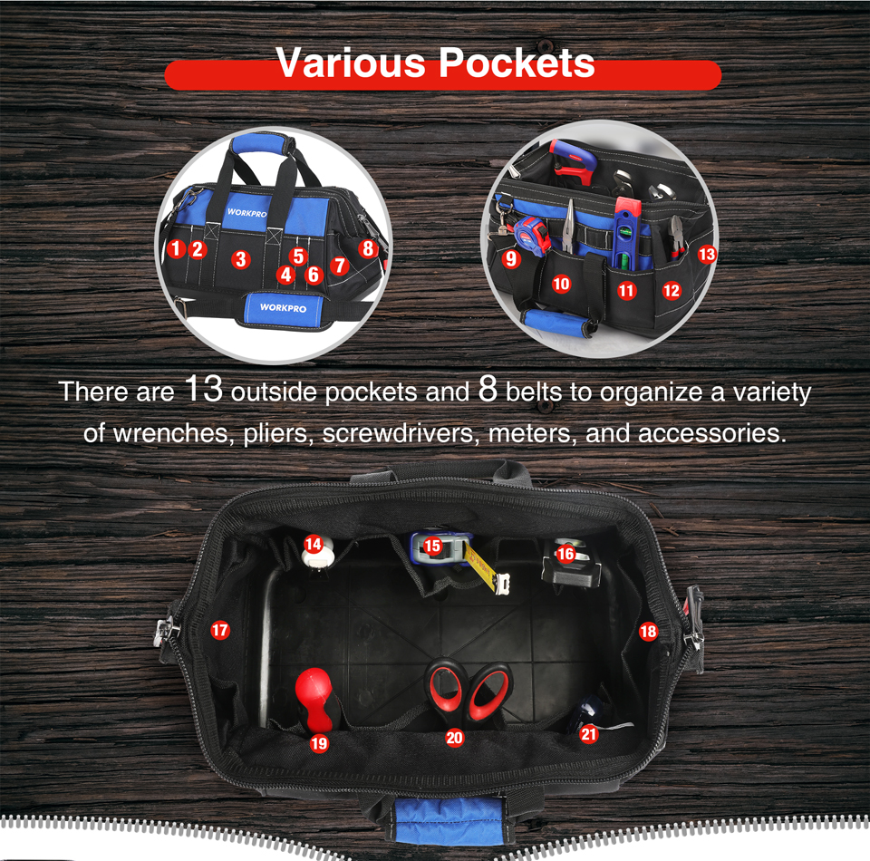 WORKPRO Tool Bag 14/15/16" Heavy Duty Tool Storage Bag Large Capacity Tool Organizer Multi Bag Men Crossbody Bag for Tools