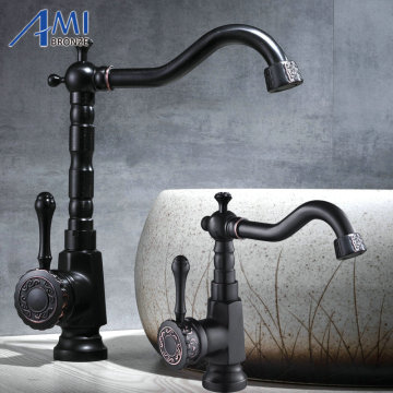 Newly Carved Black Bronze Brushed Basin Faucet 360 Swivel Carved Handle Bathroom Faucets Hot Cold Mixer Tap Kitchen Faucets 906B