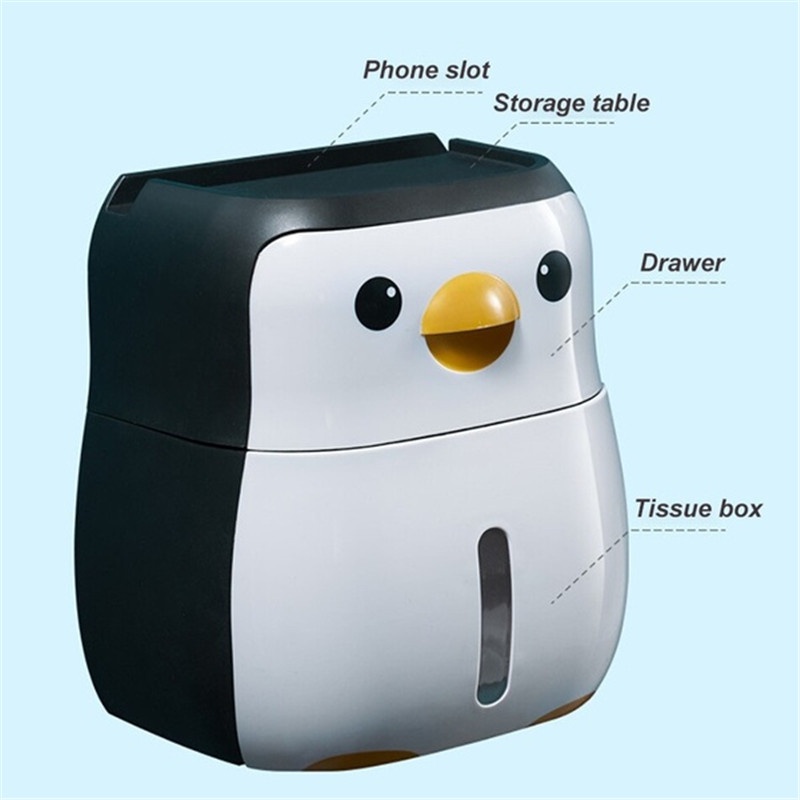 1Piece Creative Penguin Shape Wall-mounted Toilet Roll Paper Holder Phone Tissue Drawer Storage Box Home Bathroom Supplies