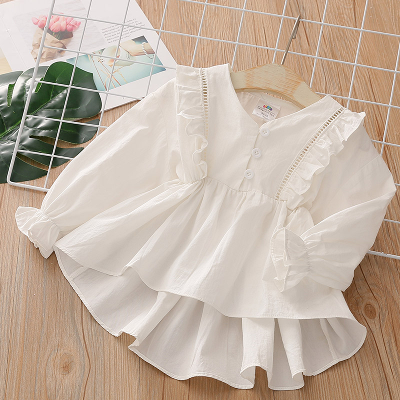 2020 Spring Autumn Fashion 2 3 4 6 8 10 Years Kids Cute Long Trumpet Sleeve V-Neck Cotton White Blouse Shirts For Baby Girls
