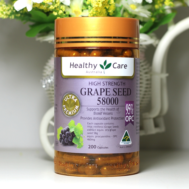 Healthy Care Grape Seed 58000mg 200Tabs Collagen Formation Antioxidant VitaminC Free Radical Damage Skin Health Relieve Swelling