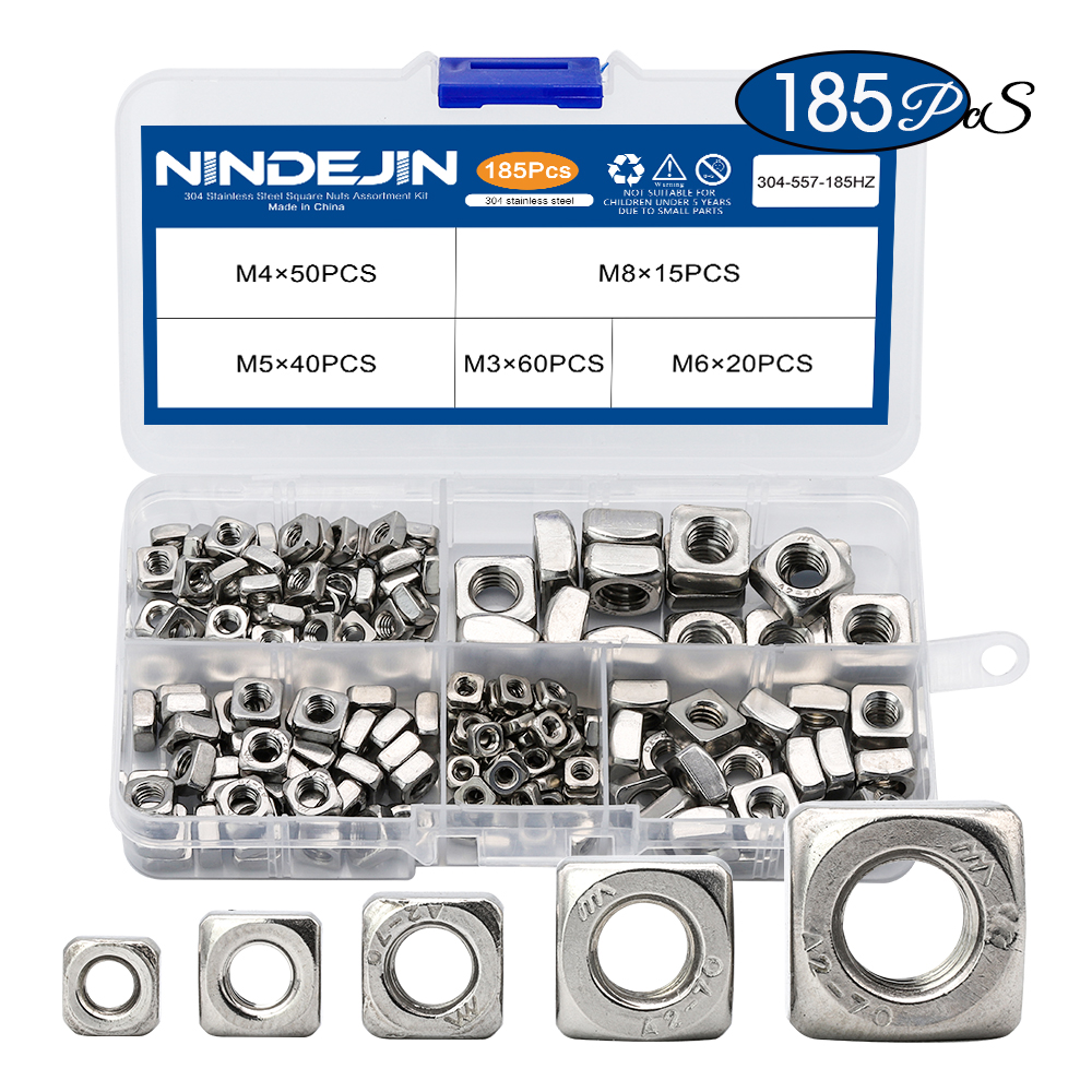 NINDEJIN 185pcs Square Nuts Assortment Kit A2 Stainless Steel M3 M4 M5 M6 M8 Metric Square Nuts Set Din557 Four-sided Nuts